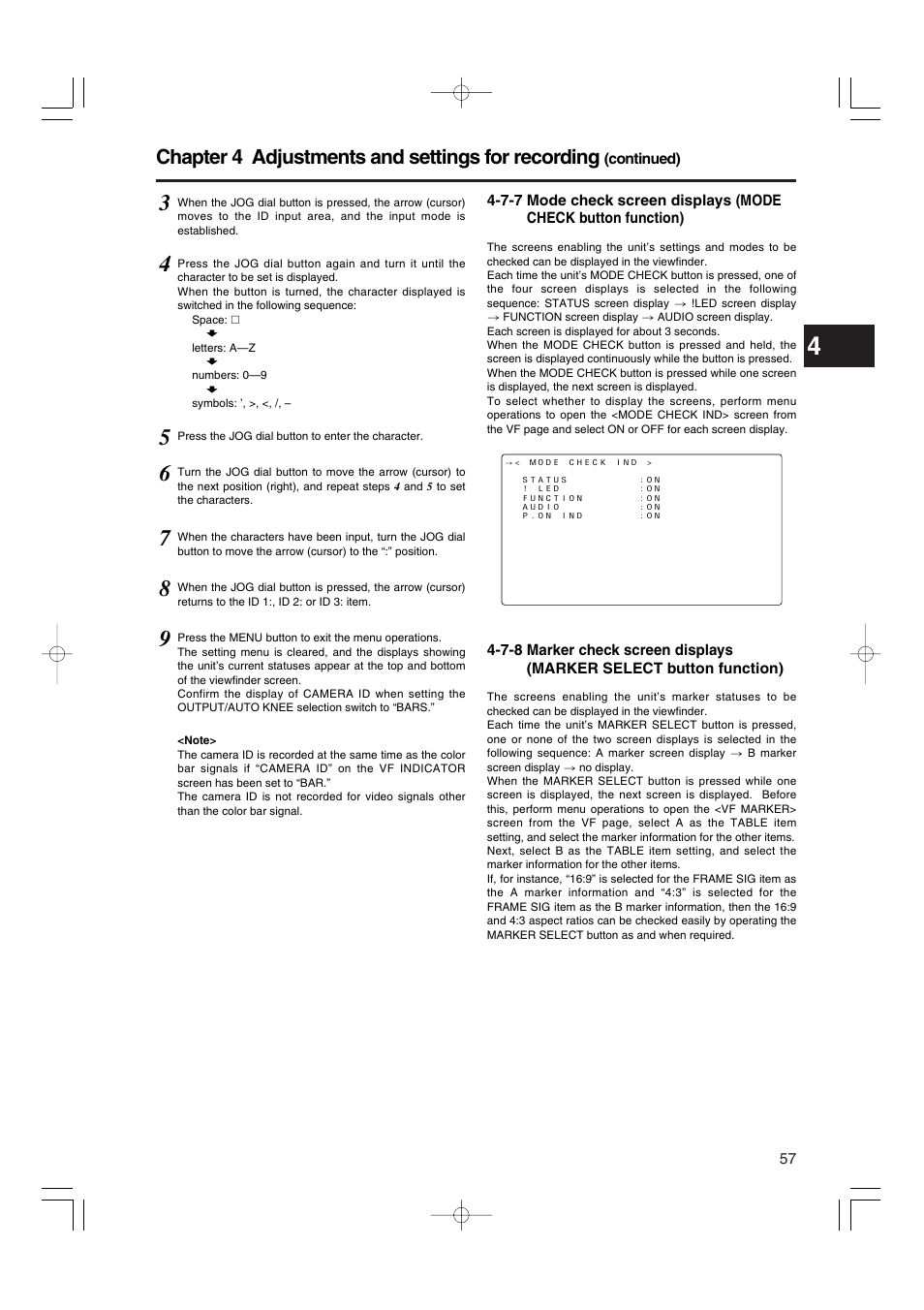 Chapter 4 adjustments and settings for recording | Panasonic AJ-HDX900E User Manual | Page 57 / 134