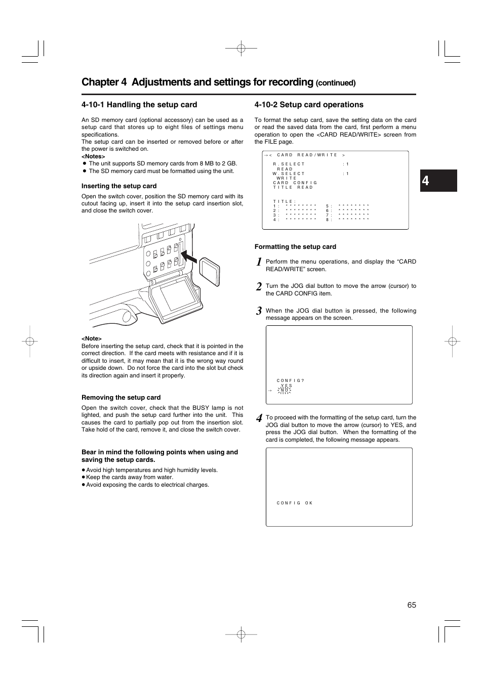 10-1 handling the setup card, 10-2 setup card operations, Chapter 4 adjustments and settings for recording | Panasonic AJ-HDX900E User Manual | Page 65 / 134