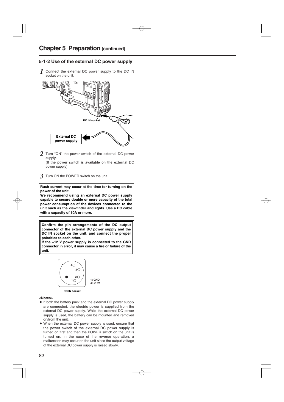 1-2 use of the external dc power supply, Use of the external dc power supply, Chapter 5 preparation | Panasonic AJ-HDX900E User Manual | Page 82 / 134