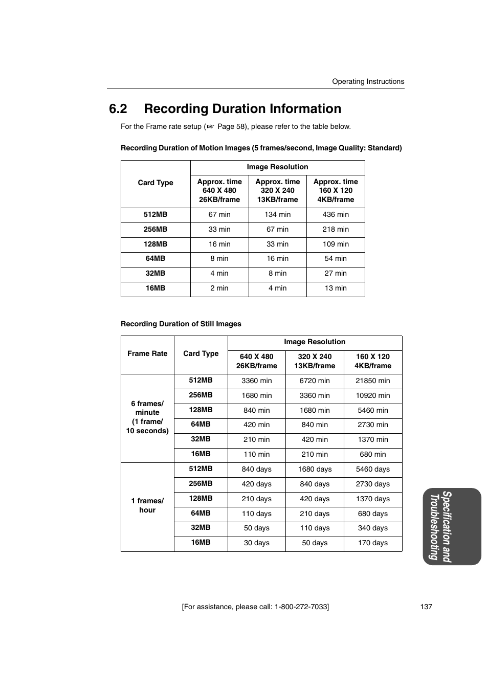 2 recording duration information, Spe cif ic atio n and tr ou ble shoo ting | Panasonic KX-HGW600 User Manual | Page 137 / 152