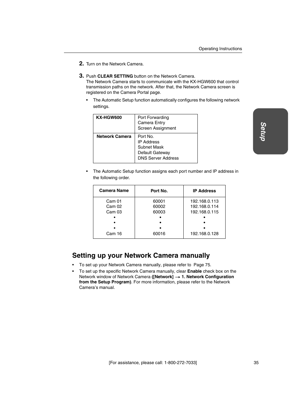 Set u p, Setting up your network camera manually | Panasonic KX-HGW600 User Manual | Page 35 / 152