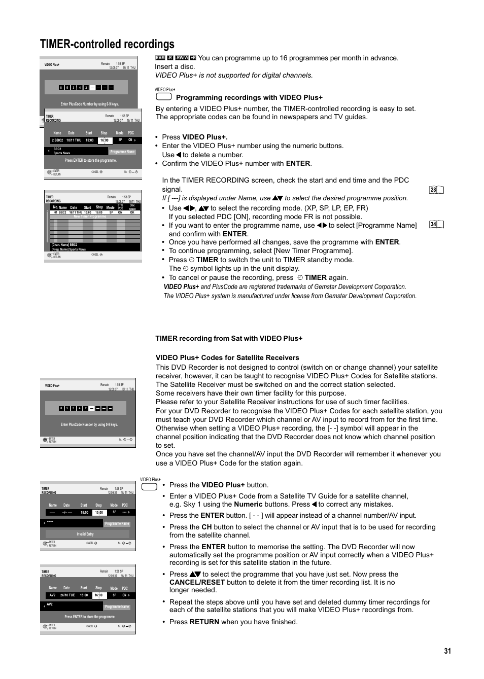 Seite31, Timer-controlled recordings, Press video plus | Press the video plus+ button | Panasonic DMR-ES20DEB User Manual | Page 31 / 56