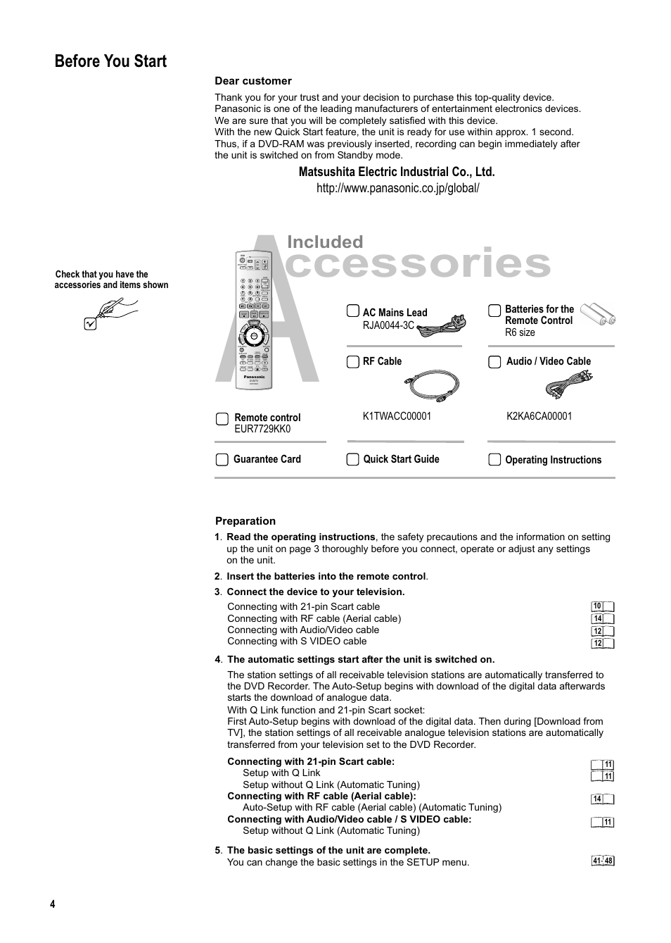 Seite4, Ccessories, Included | Before you start | Panasonic DMR-ES20DEB User Manual | Page 4 / 56