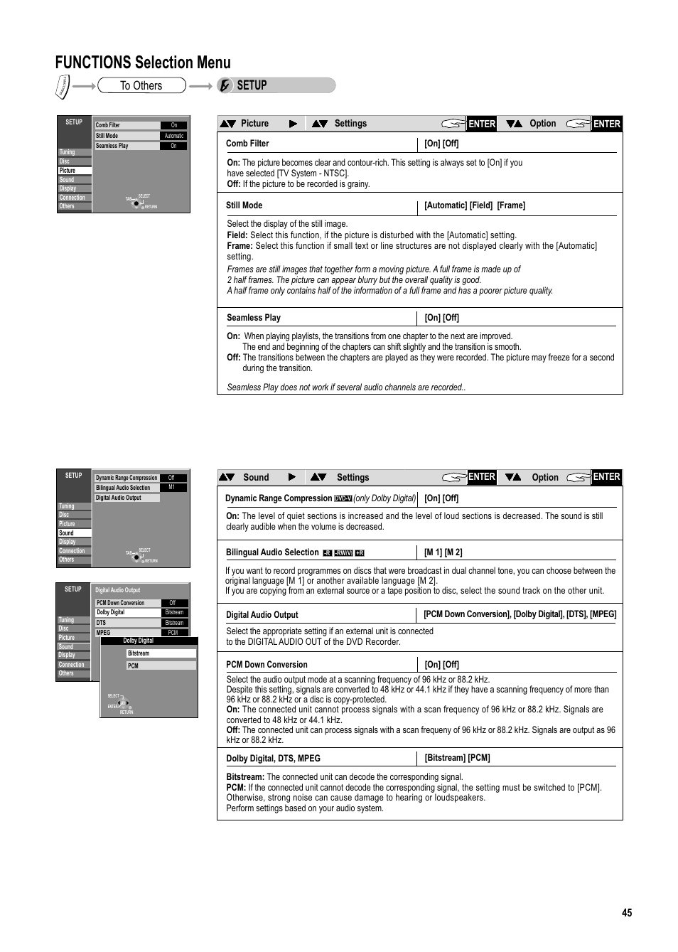 Seite45, Functions selection menu, Setup | Panasonic DMR-ES20DEB User Manual | Page 45 / 56