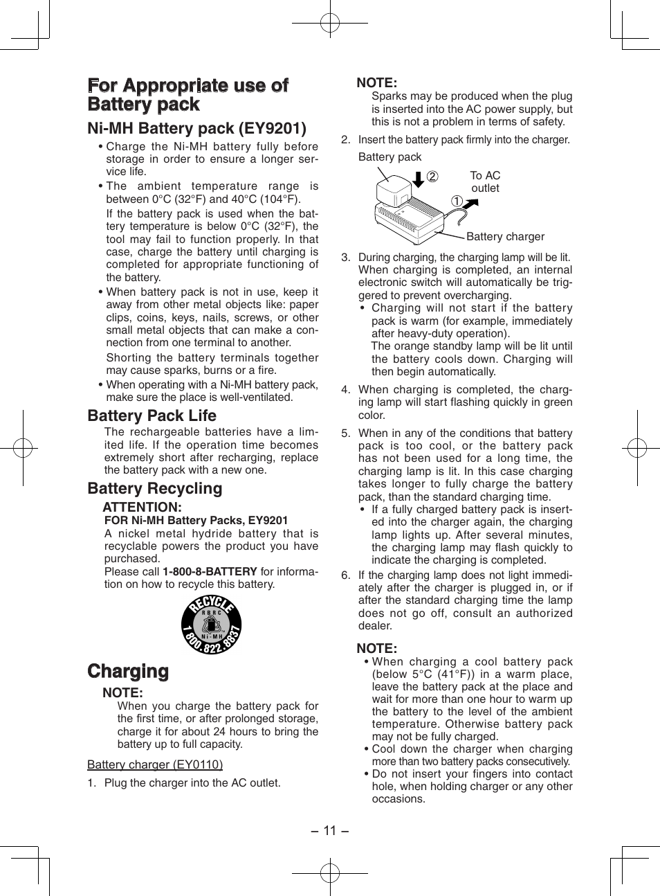 For appropriate use of battery pack, Charging, Ni-mh battery pack (ey9201) | Battery pack life, Battery recycling | Panasonic EY7202 User Manual | Page 11 / 44