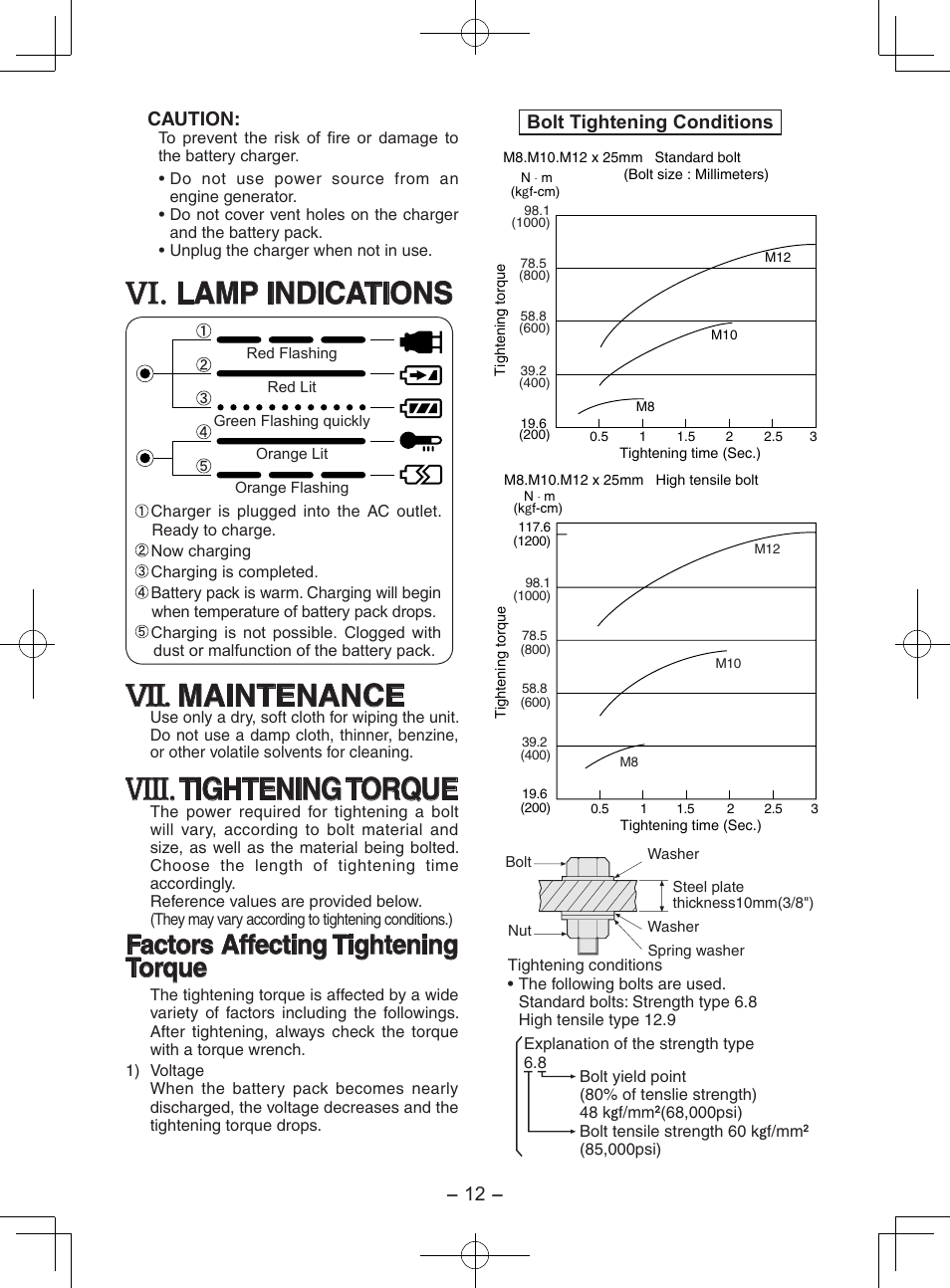 Viii, Lamp indications, Maintenance | Tightening torque, Factors affecting tightening torque | Panasonic EY7202 User Manual | Page 12 / 44