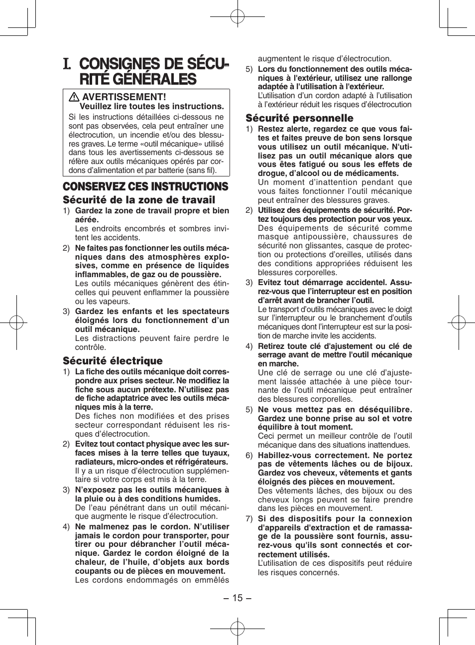 Francais, Consignes de sécu- rité générales, Conservez ces instructions | Sécurité de la zone de travail, Sécurité électrique, Sécurité personnelle | Panasonic EY7202 User Manual | Page 15 / 44