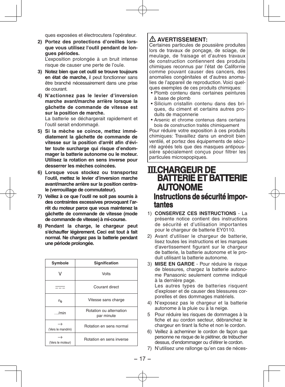 Chargeur de batterie et batterie autonome, Instructions de sécurité impor- tantes | Panasonic EY7202 User Manual | Page 17 / 44