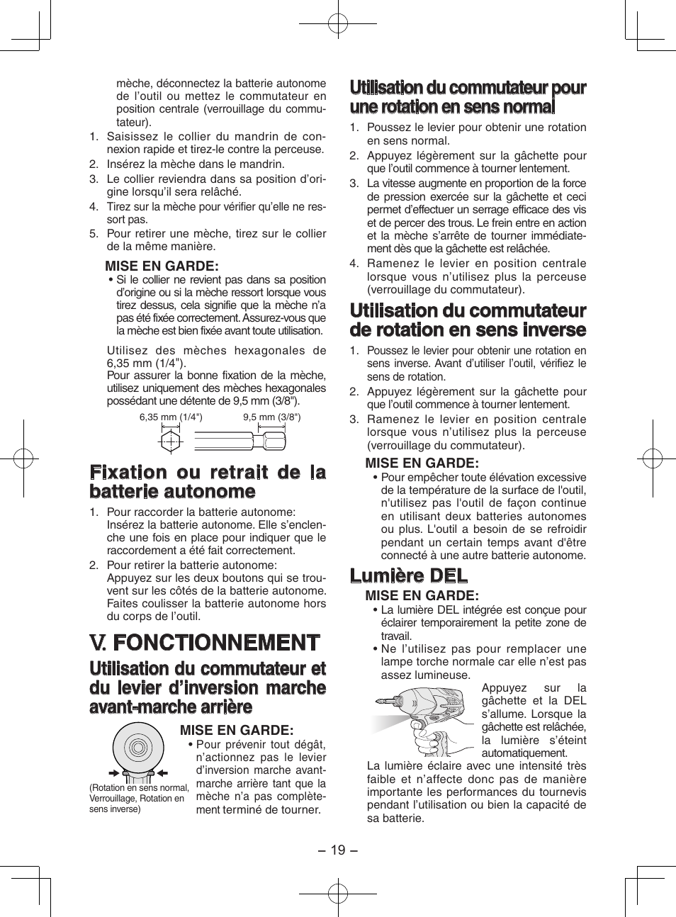Fonctionnement, Fixation ou retrait de la batterie autonome, Lumière del | Panasonic EY7202 User Manual | Page 19 / 44