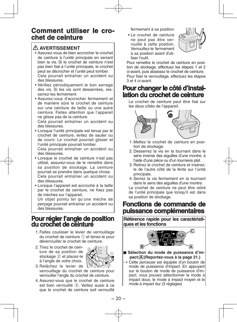 Comment utiliser le cro- chet de ceinture, Fonctions de commande de puissance complémentaires | Panasonic EY7202 User Manual | Page 20 / 44