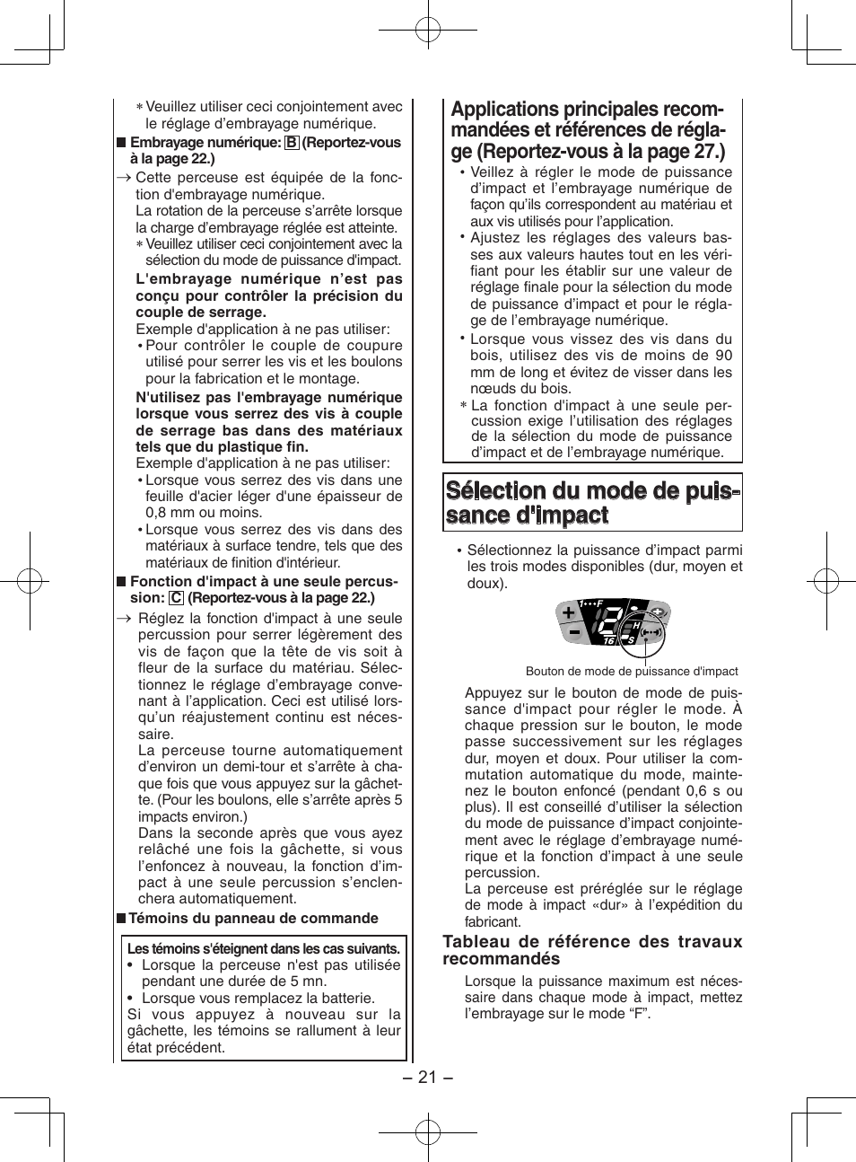 Sélection du mode de puis- sance d'impact | Panasonic EY7202 User Manual | Page 21 / 44