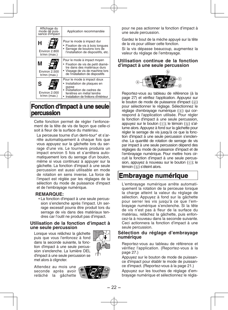 Fonction d'impact à une seule percussion, Embrayage numérique | Panasonic EY7202 User Manual | Page 22 / 44