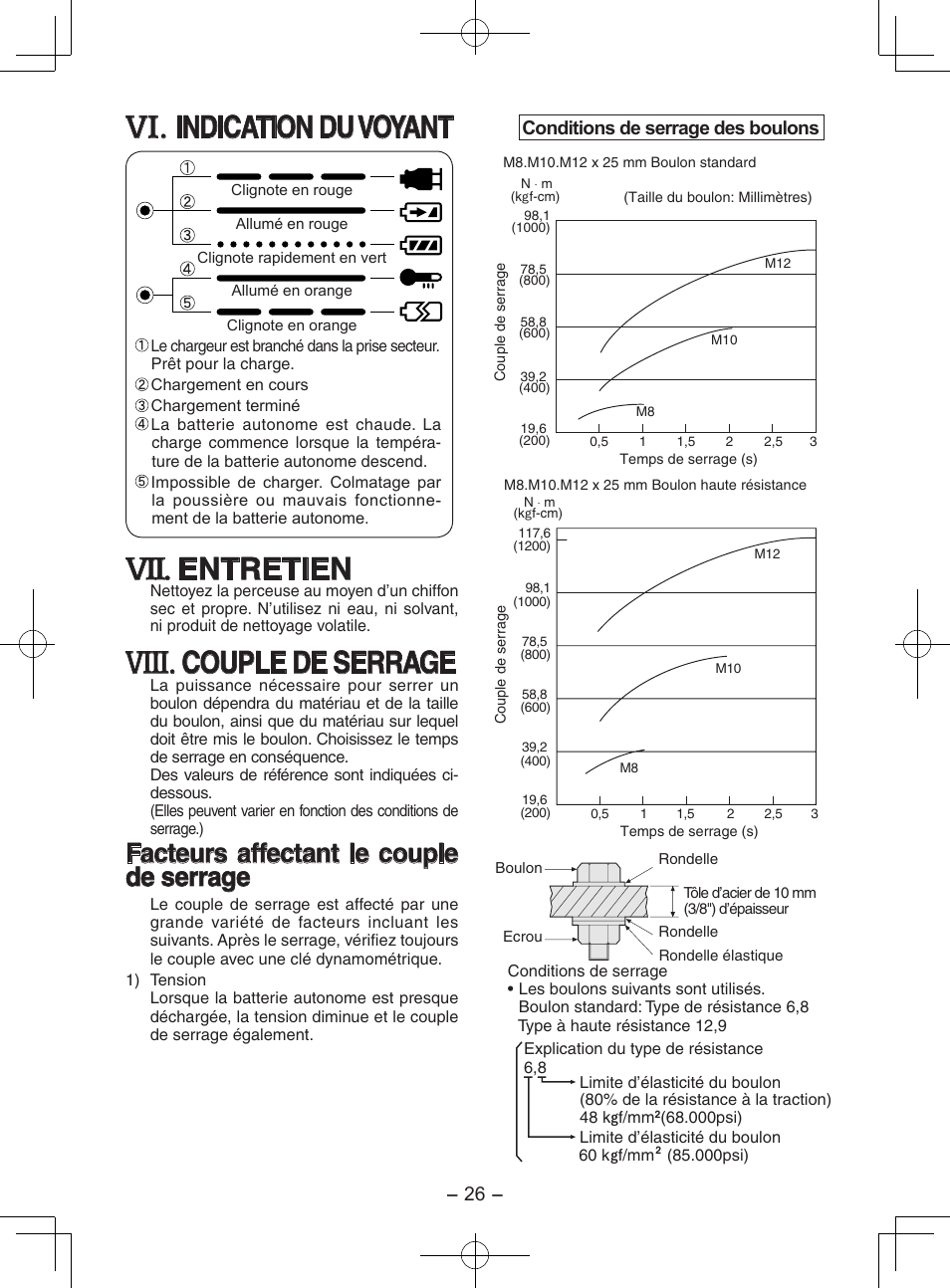 Viii, Indication du voyant, Entretien | Couple de serrage, Facteurs affectant le couple de serrage | Panasonic EY7202 User Manual | Page 26 / 44