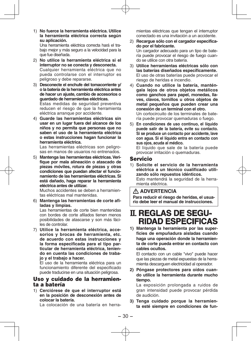 Reglas de segu- ridad especificas, Uso y cuidado de la herramien- ta a batería, Servicio | Panasonic EY7202 User Manual | Page 30 / 44