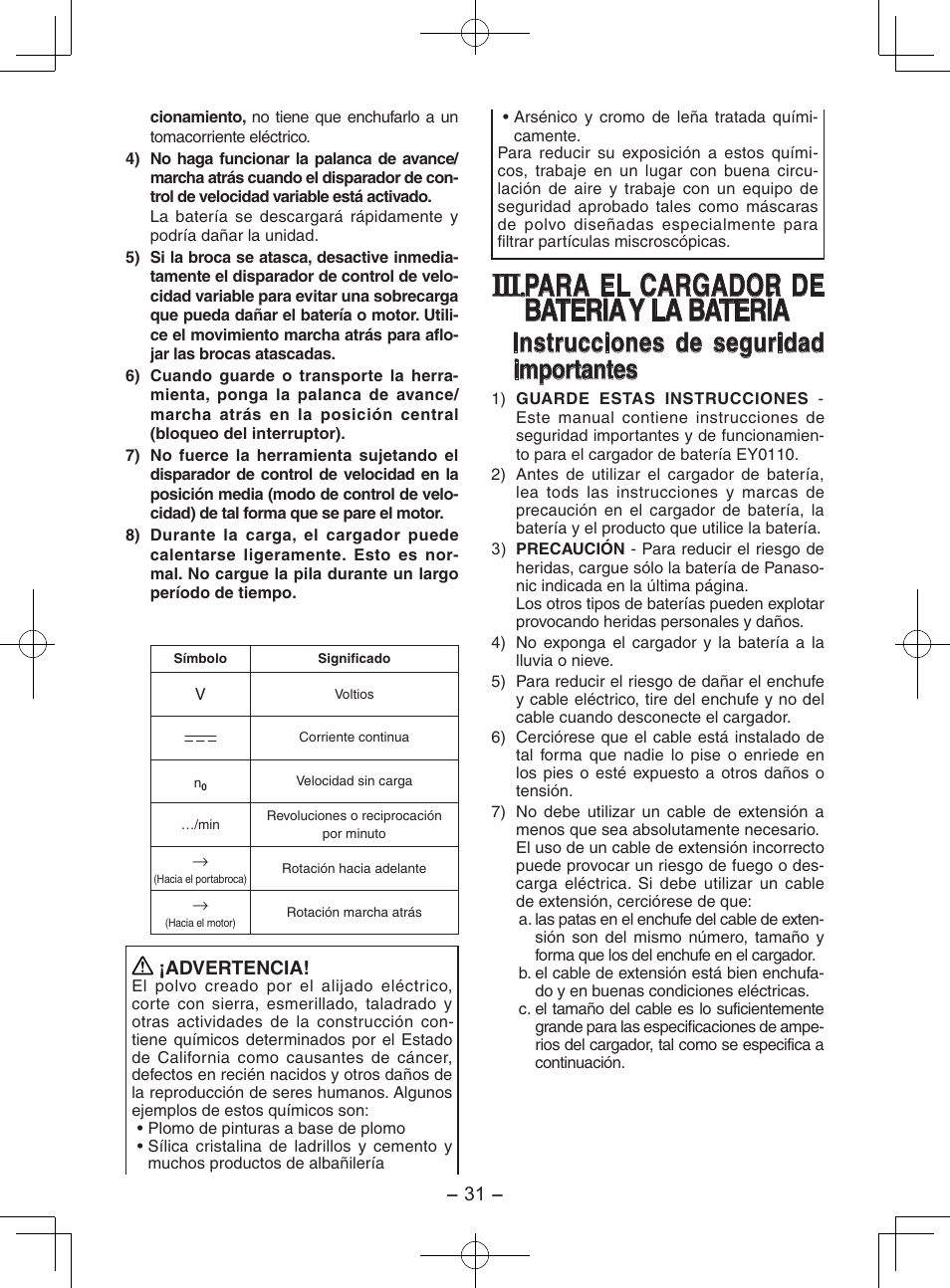 Para el cargador de batería y la batería, Instrucciones de seguridad importantes | Panasonic EY7202 User Manual | Page 31 / 44