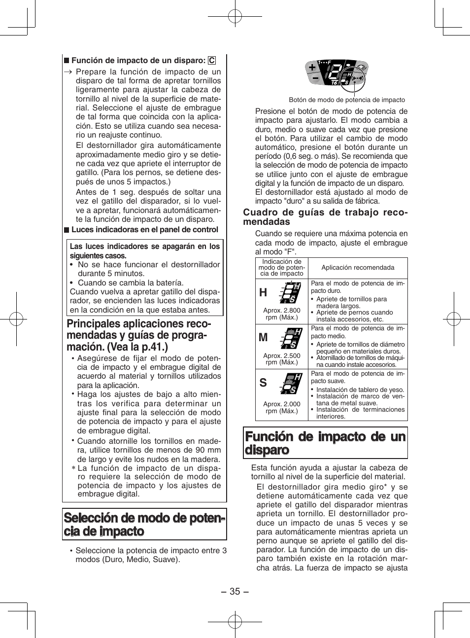 Selección de modo de poten- cia de impacto, Función de impacto de un disparo | Panasonic EY7202 User Manual | Page 35 / 44