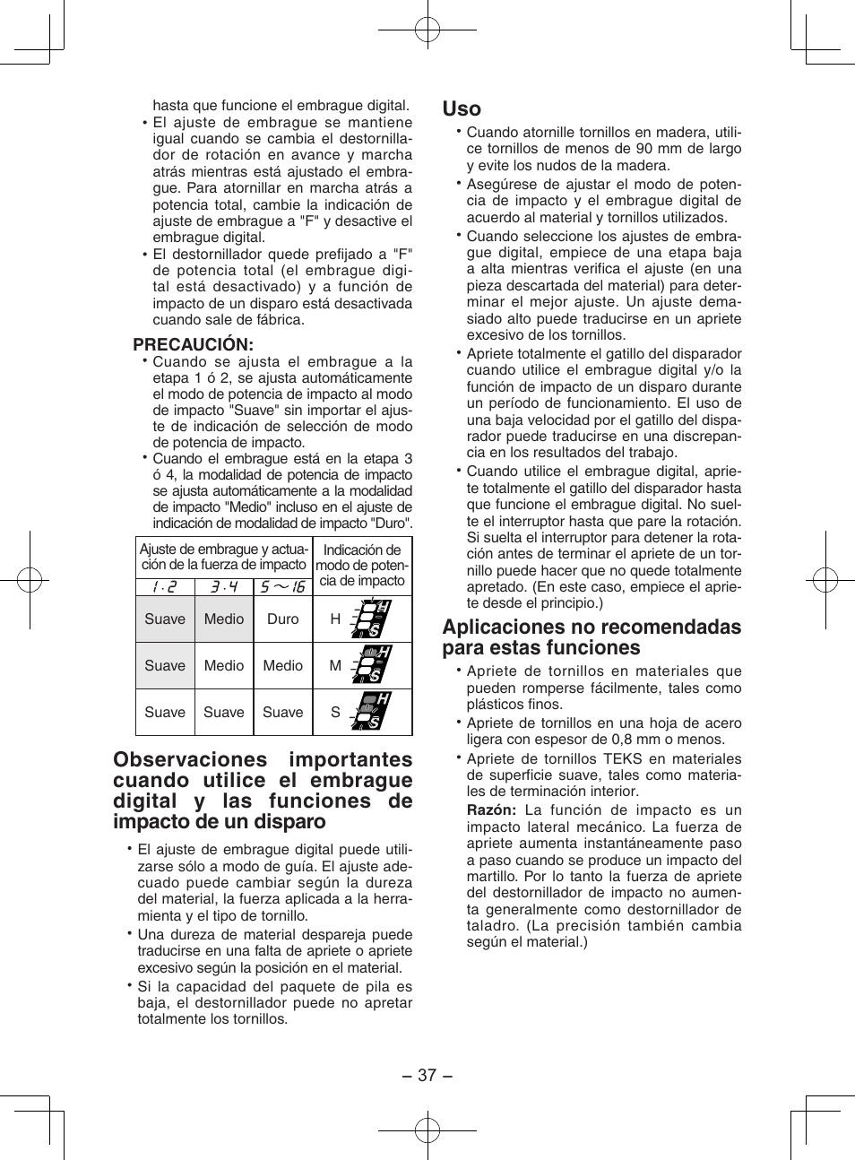 Aplicaciones no recomendadas para estas funciones | Panasonic EY7202 User Manual | Page 37 / 44