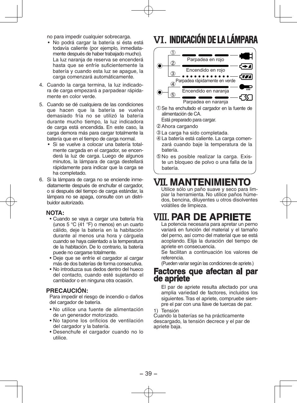 Viii, Indicación de la lámpara, Mantenimiento | Par de apriete, Factores que afectan al par de apriete | Panasonic EY7202 User Manual | Page 39 / 44