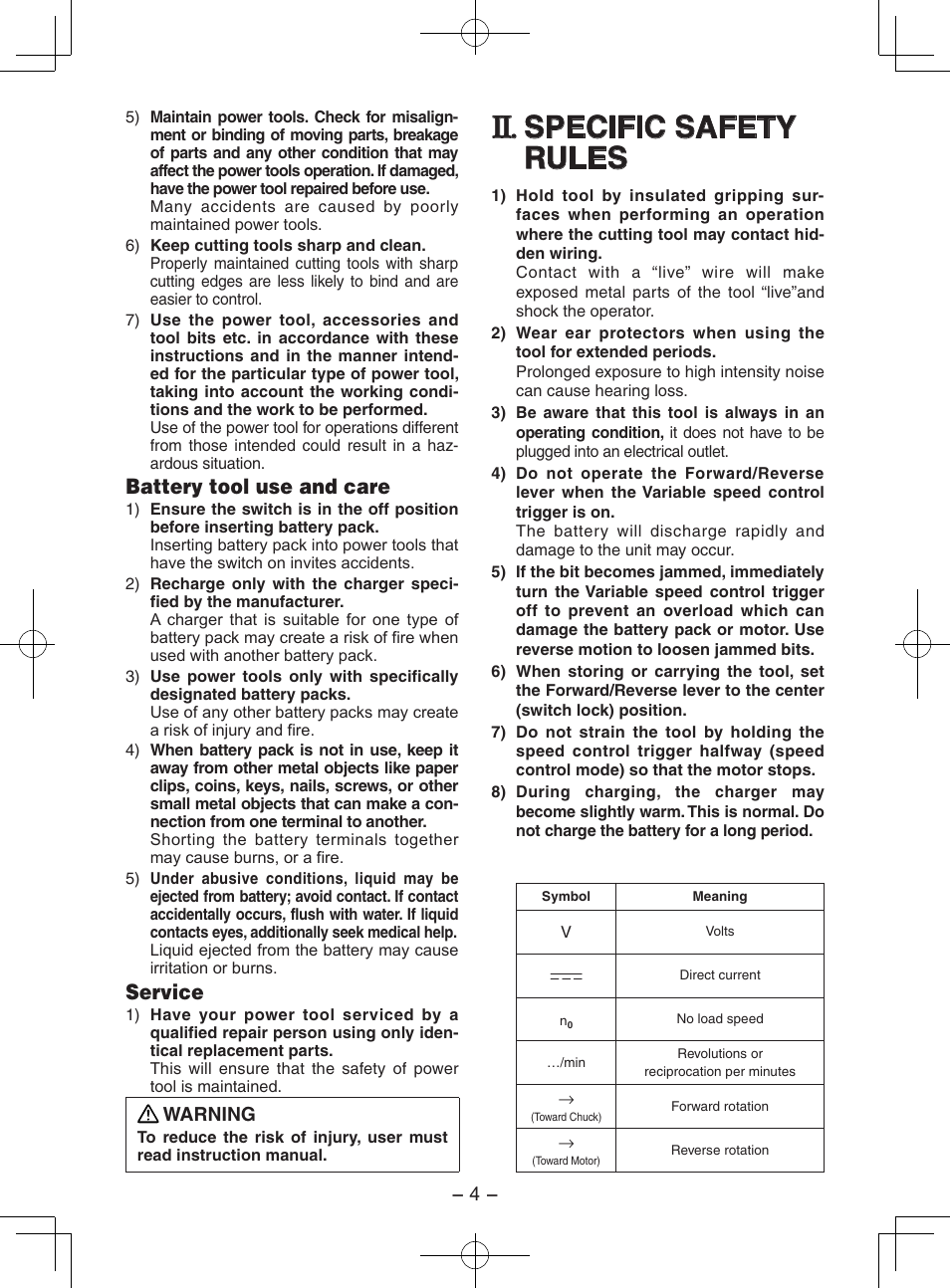 Specific safety rules, Battery tool use and care, Service | Panasonic EY7202 User Manual | Page 4 / 44