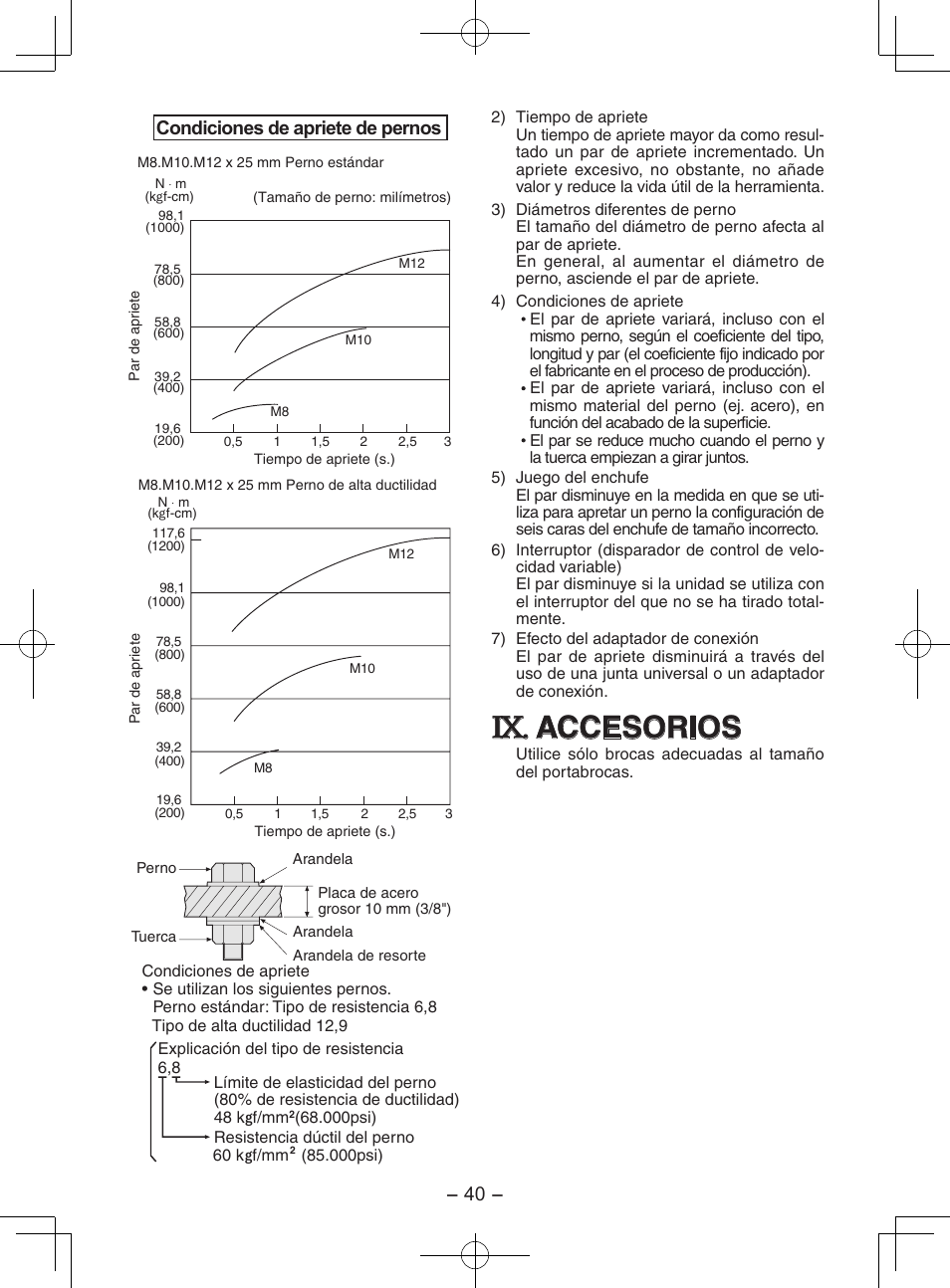 Accesorios, 40 - condiciones de apriete de pernos | Panasonic EY7202 User Manual | Page 40 / 44