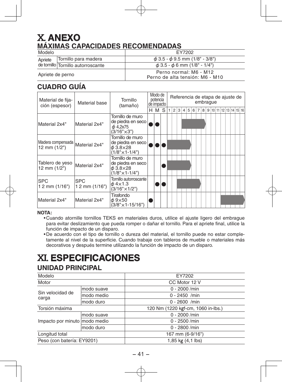 Anexo, Especificaciones, Máximas capacidades recomendadas | Cuadro guía, Unidad principal | Panasonic EY7202 User Manual | Page 41 / 44