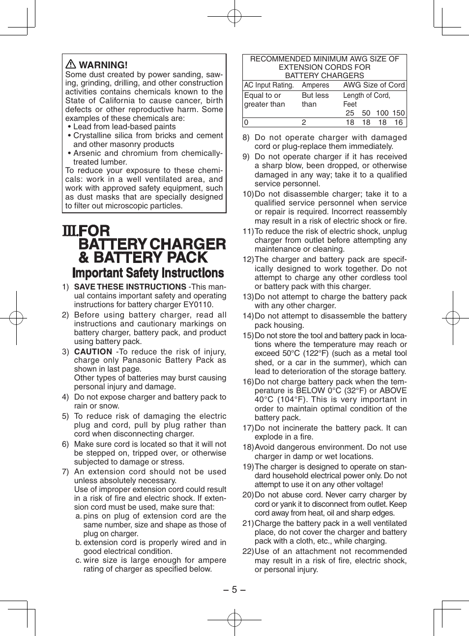 For battery charger & battery pack, Important safety instructions | Panasonic EY7202 User Manual | Page 5 / 44