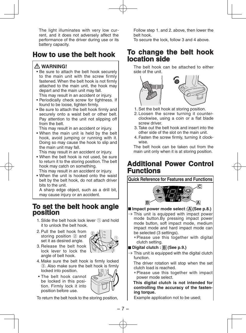 How to use the belt hook, Additional power control functions | Panasonic EY7202 User Manual | Page 7 / 44
