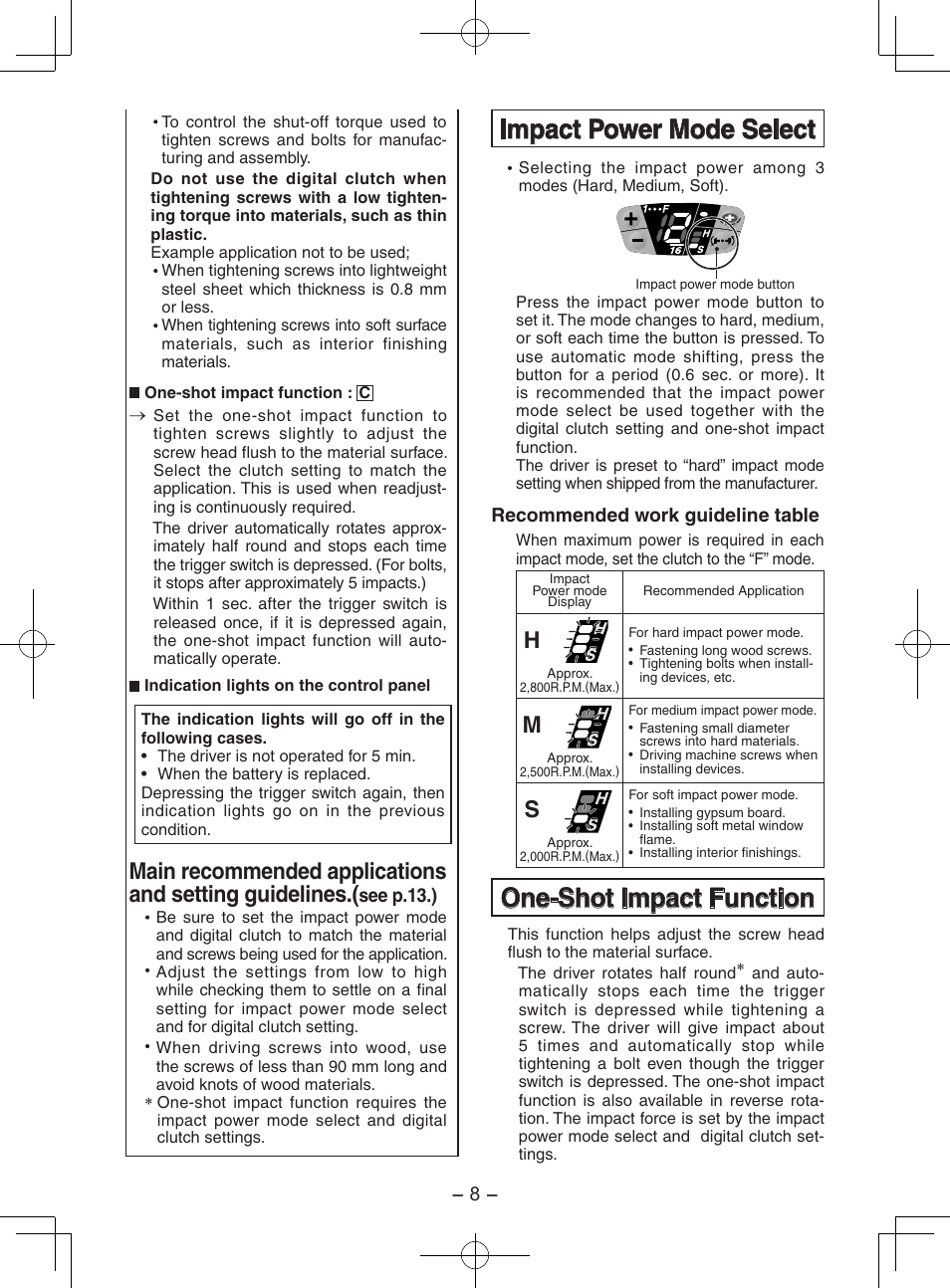 Impact power mode select, One-shot impact function | Panasonic EY7202 User Manual | Page 8 / 44