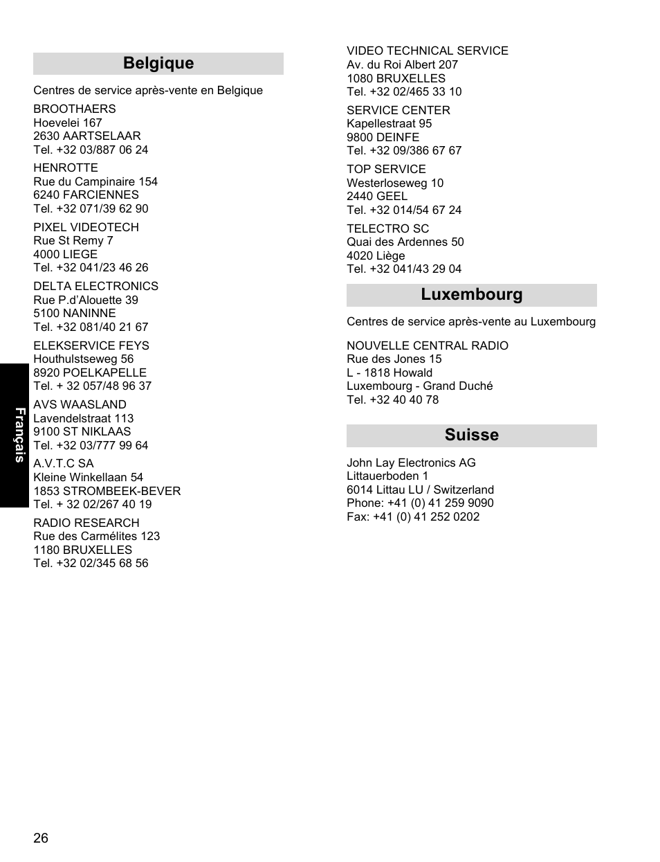 Belgique luxembourg suisse | Panasonic EB-X400 User Manual | Page 27 / 45