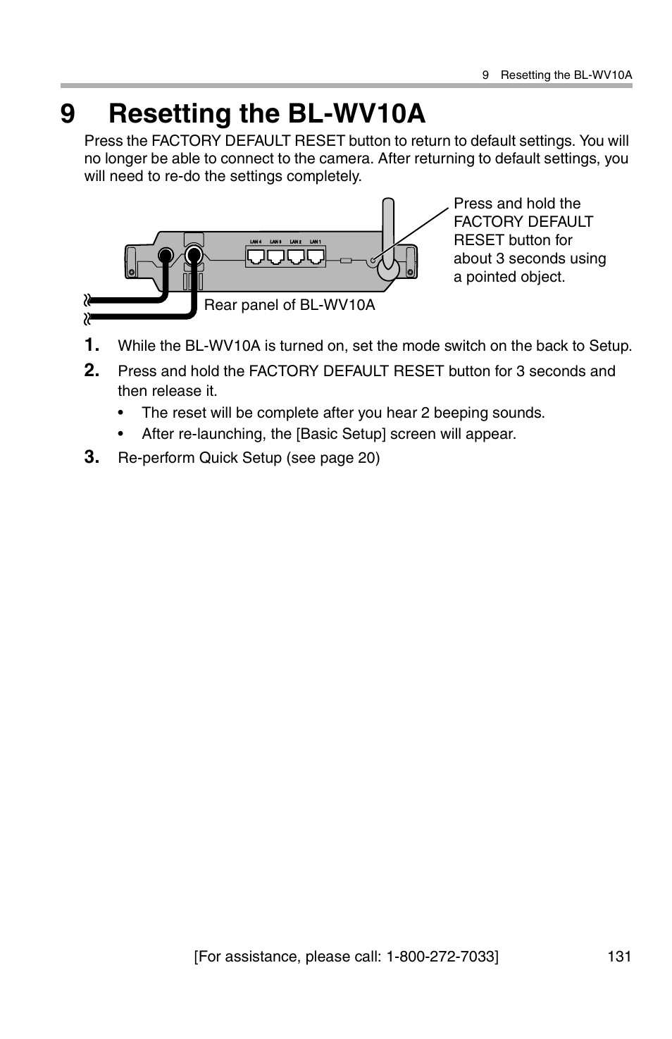 9resetting the bl-wv10a | Panasonic BL-WV10A User Manual | Page 131 / 184