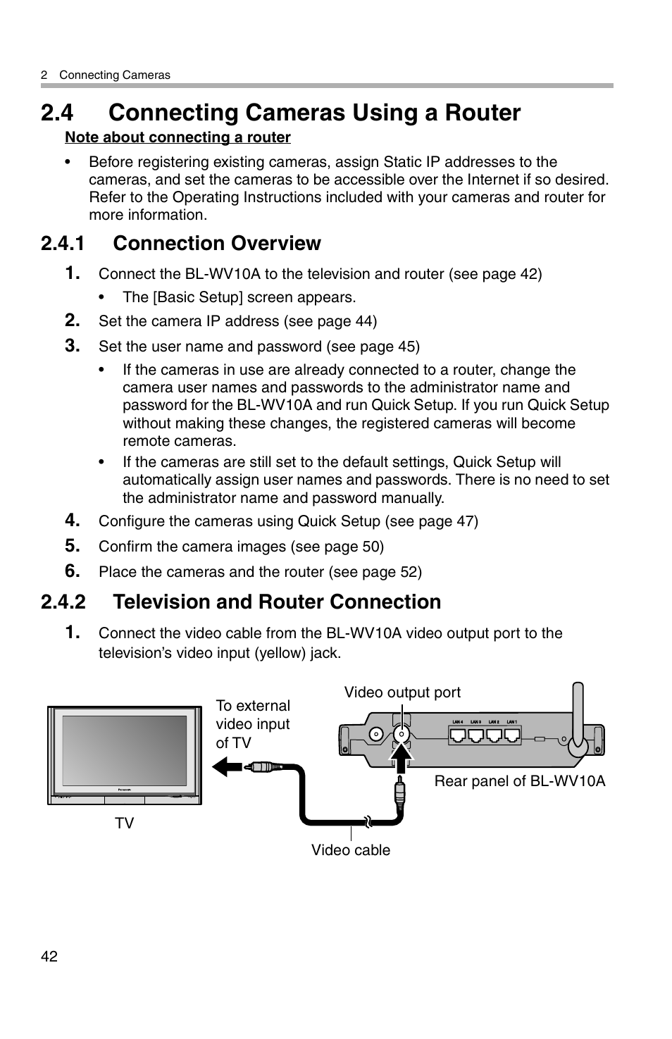 4 connecting cameras using a router, 1 connection overview, 2 television and router connection | Panasonic BL-WV10A User Manual | Page 42 / 184