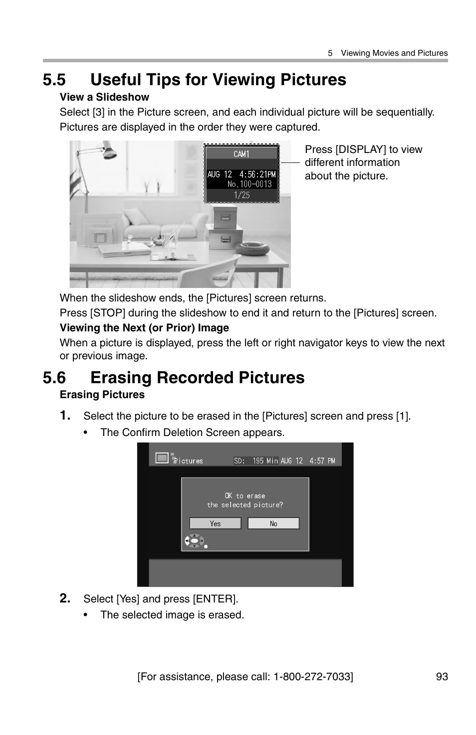 5 useful tips for viewing pictures, 6 erasing recorded pictures | Panasonic BL-WV10A User Manual | Page 93 / 184