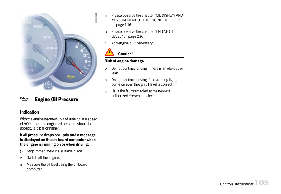 Engine oil pressure | Porsche 911 Carrera User Manual | Page 107 / 355