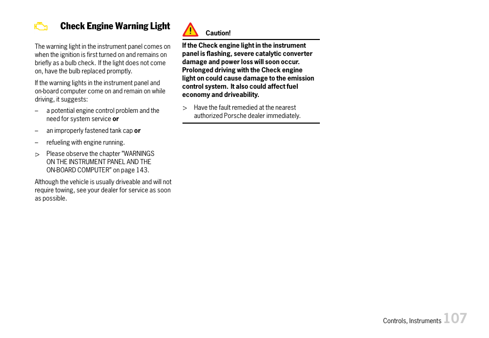 Check engine warning light | Porsche 911 Carrera User Manual | Page 109 / 355