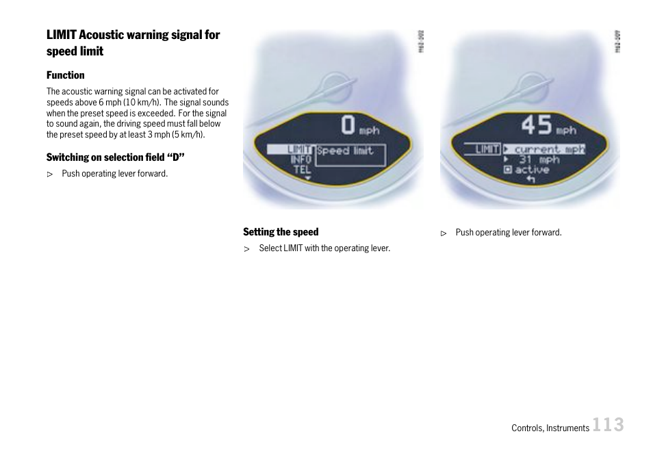 Limit acoustic warning signal for speed limit | Porsche 911 Carrera User Manual | Page 115 / 355