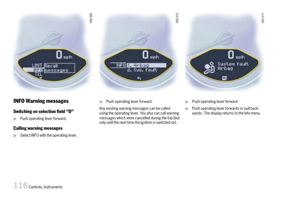 Info warning messages | Porsche 911 Carrera User Manual | Page 118 / 355