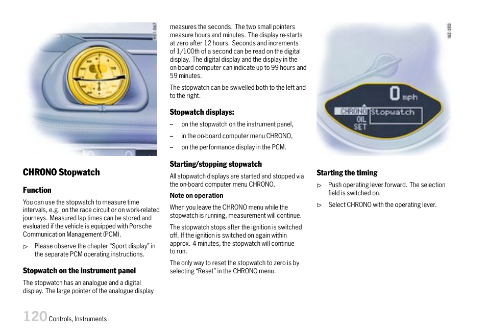 Chrono stopwatch | Porsche 911 Carrera User Manual | Page 122 / 355