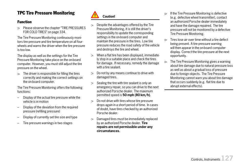 Tpc tire pressure monitoring | Porsche 911 Carrera User Manual | Page 129 / 355