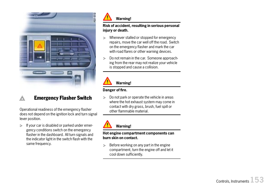 Emergency flasher switch | Porsche 911 Carrera User Manual | Page 155 / 355