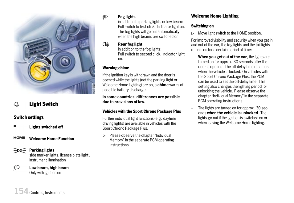 Light switch, Welcome home lighting | Porsche 911 Carrera User Manual | Page 156 / 355