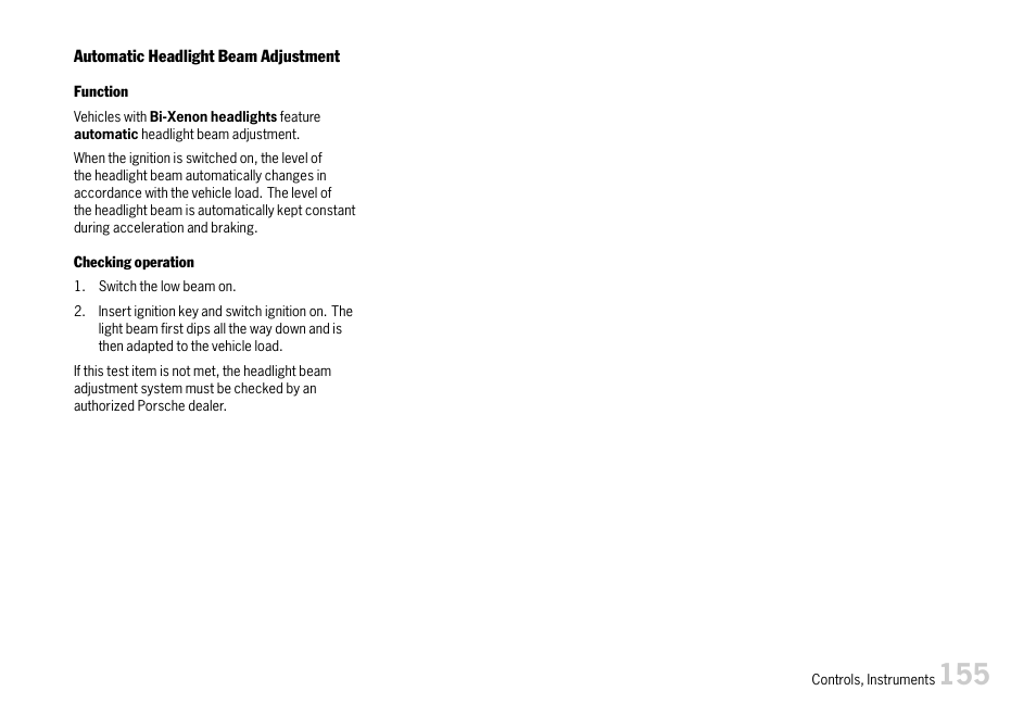 Automatic headlight beam adjustment | Porsche 911 Carrera User Manual | Page 157 / 355