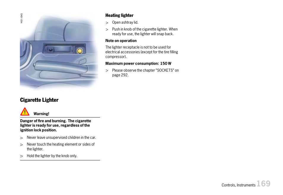 Cigarette lighter | Porsche 911 Carrera User Manual | Page 171 / 355