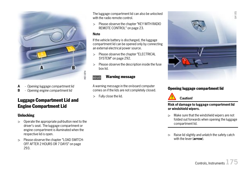 Luggage compartmen, Luggage compartment lid and engine compartment lid | Porsche 911 Carrera User Manual | Page 177 / 355