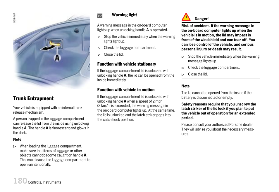 Trunk entrapment | Porsche 911 Carrera User Manual | Page 182 / 355