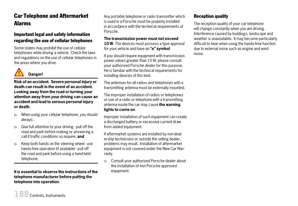 Car telephone and aftermarket alarms | Porsche 911 Carrera User Manual | Page 190 / 355