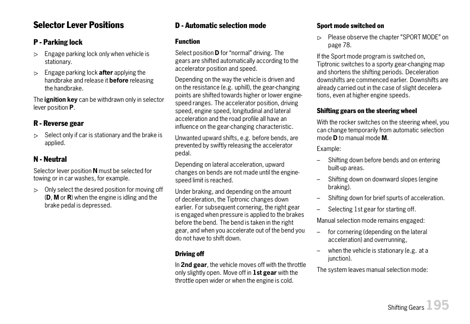 Selector lever positions | Porsche 911 Carrera User Manual | Page 197 / 355