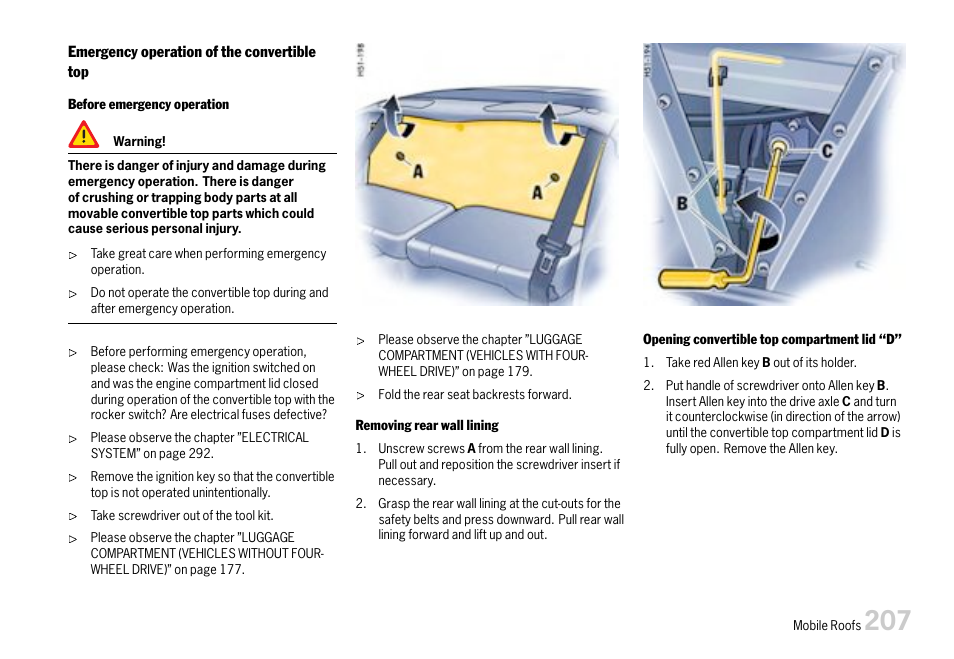 Emergency operation of the convertible top | Porsche 911 Carrera User Manual | Page 209 / 355
