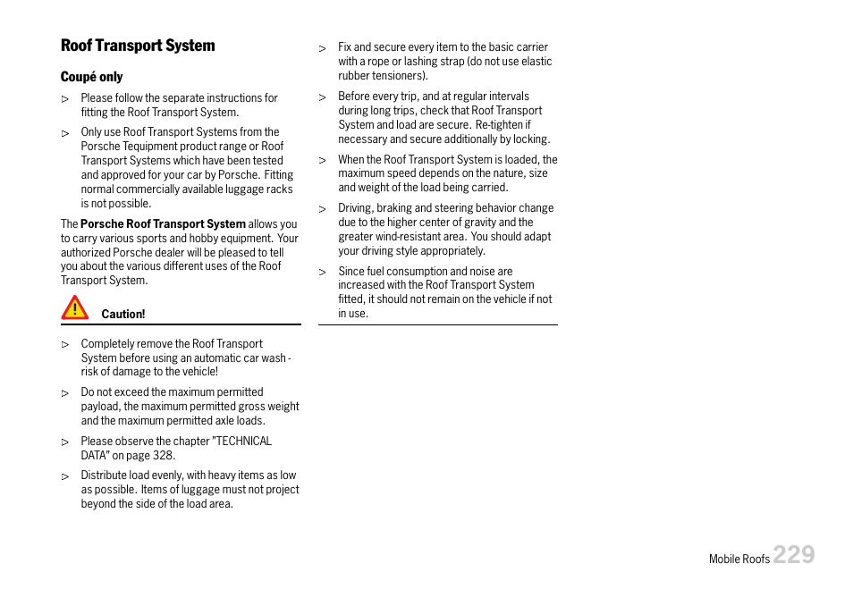 Roof transport system | Porsche 911 Carrera User Manual | Page 231 / 355