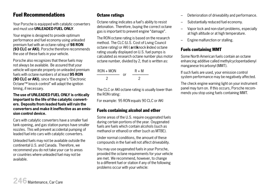 Fuel recommendations | Porsche 911 Carrera User Manual | Page 248 / 355