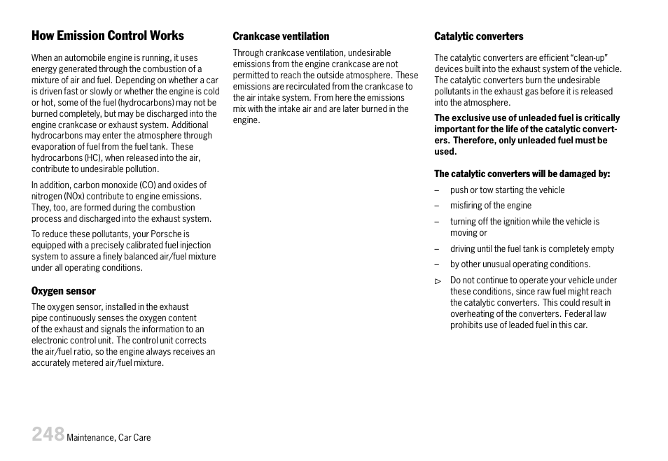 How emission control works | Porsche 911 Carrera User Manual | Page 250 / 355